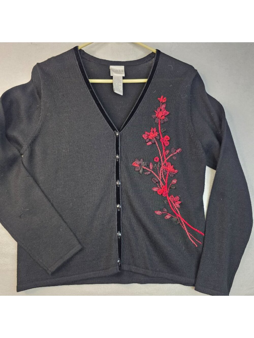Vintage 90s Koret Embroidered Floral Cardigan S Black Red Cottagecore Whimsygoth